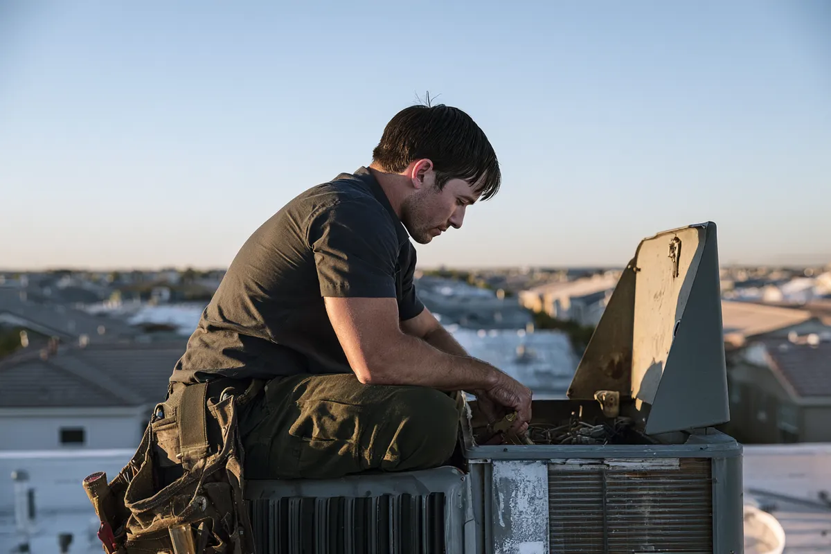 HVAC technician servicing a rooftop unit — multi-part repairs and full situations are what a $3,000 loan funds