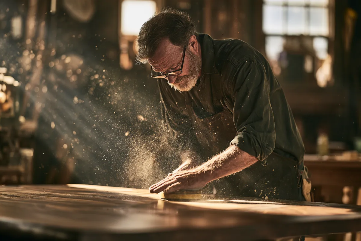 Furniture maker sanding a walnut table — the maximum tier funds complete work, planned and finished properly