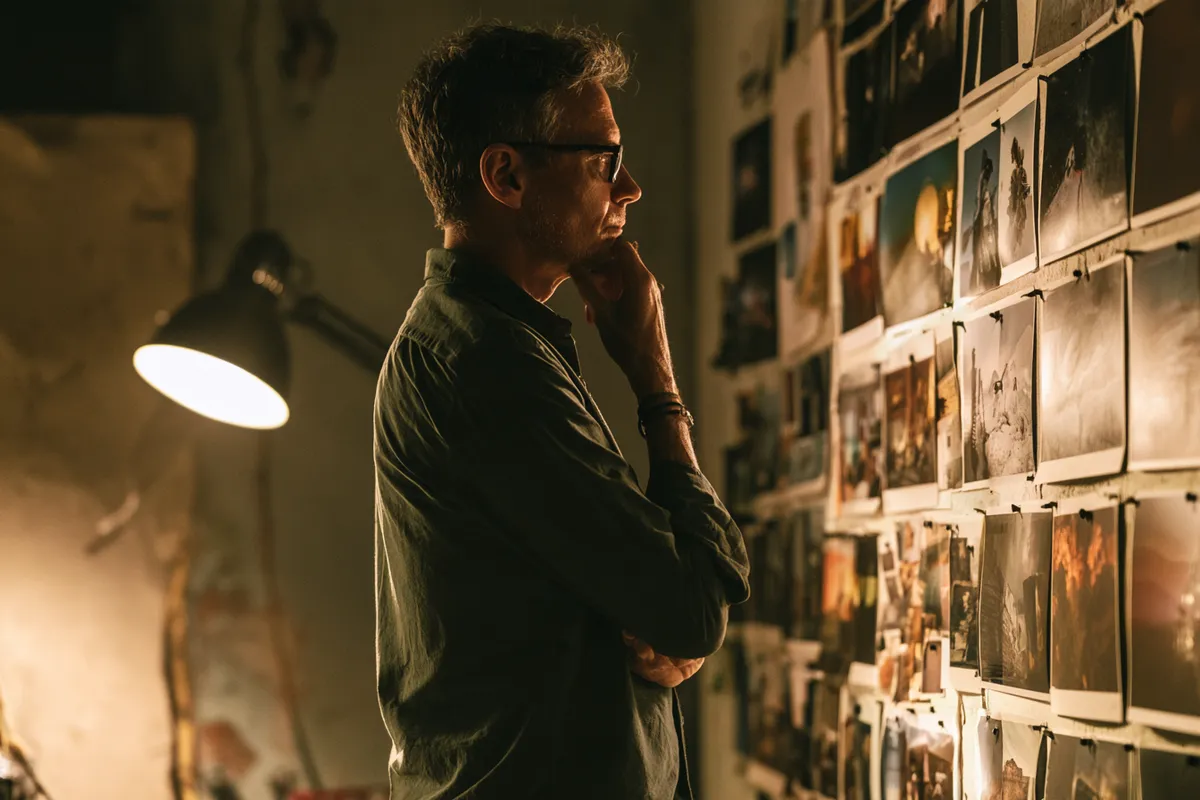 Photojournalist reviewing a wall of prints — the library, curated