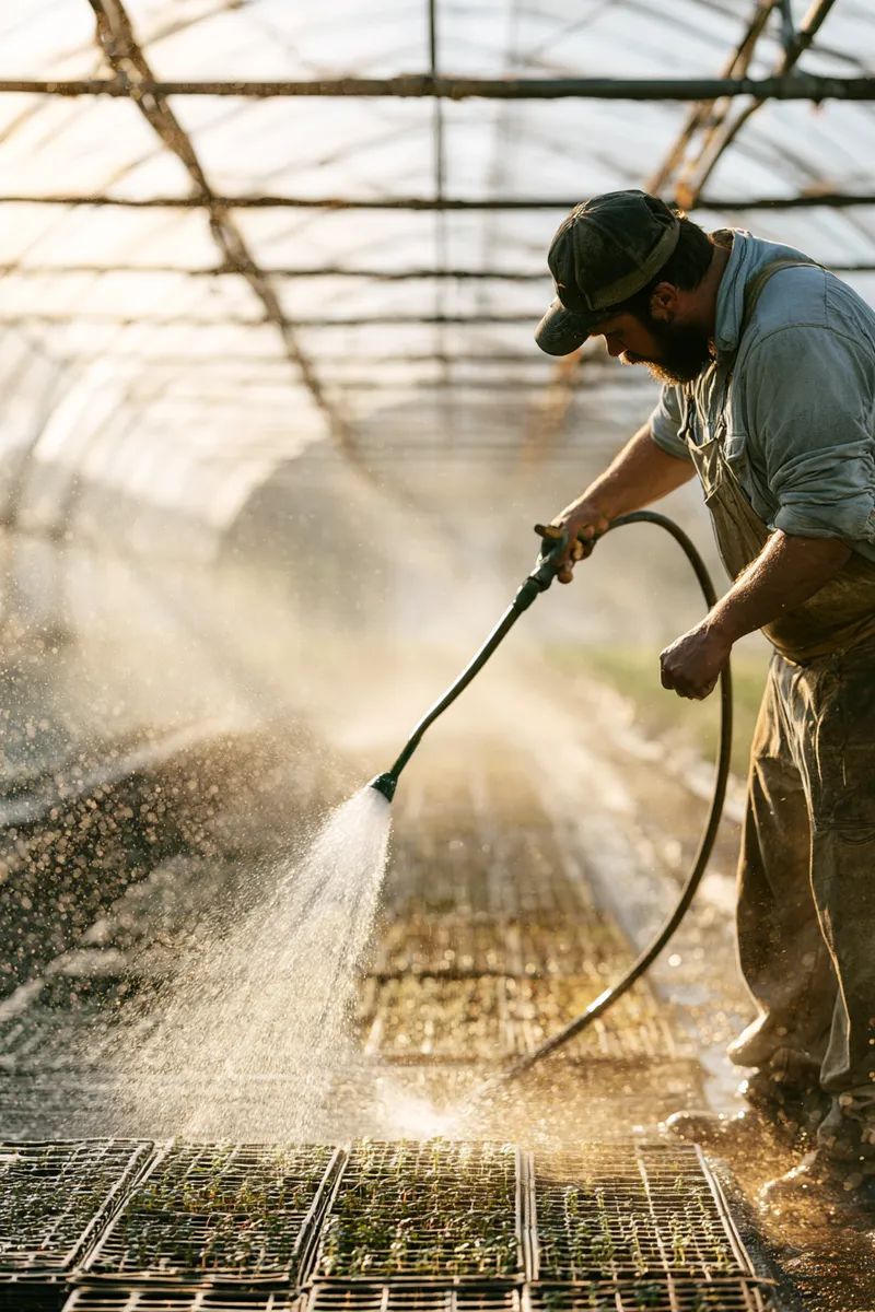 Gardener watering long greenhouse rows — a process that works the same way every time, tended properly