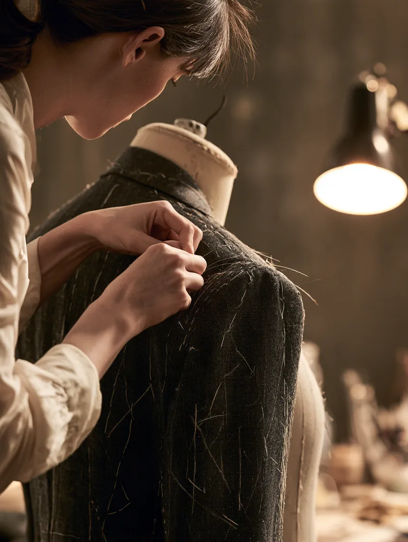 Tailor pinning a jacket — consolidation is financial tailoring, cutting five payments down to one that fits