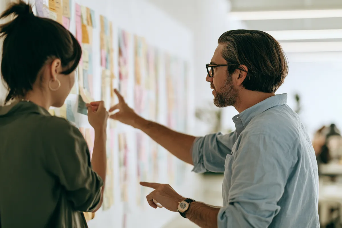 Two colleagues weighing options across a wall of notes — comparison is how strong offers get recognized