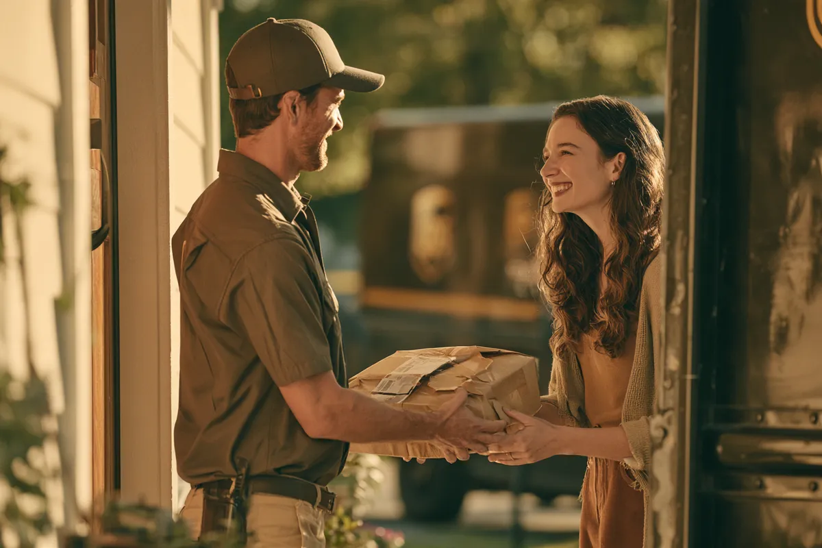 Courier handing a package to a smiling customer at the door — reaching us should be this direct