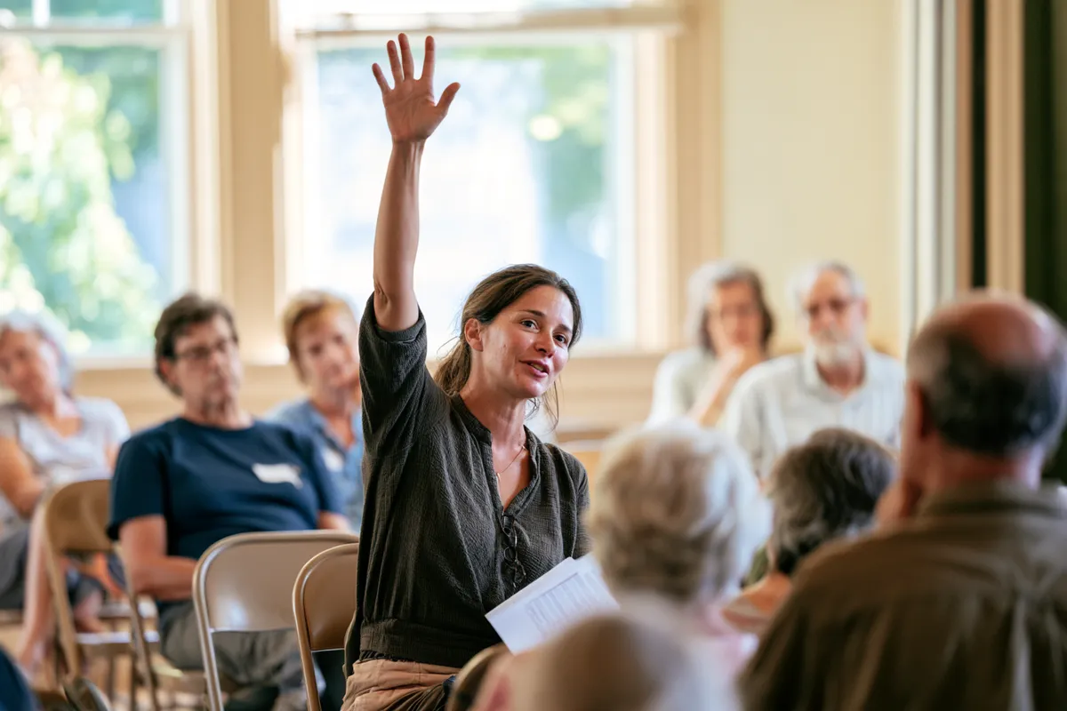 Community workshop attendee raising a hand — the questions everyone has, answered for everyone