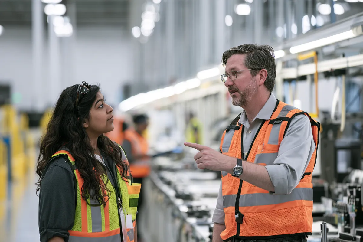 Supervisor walking a new employee through the production floor — the process, shown step by step