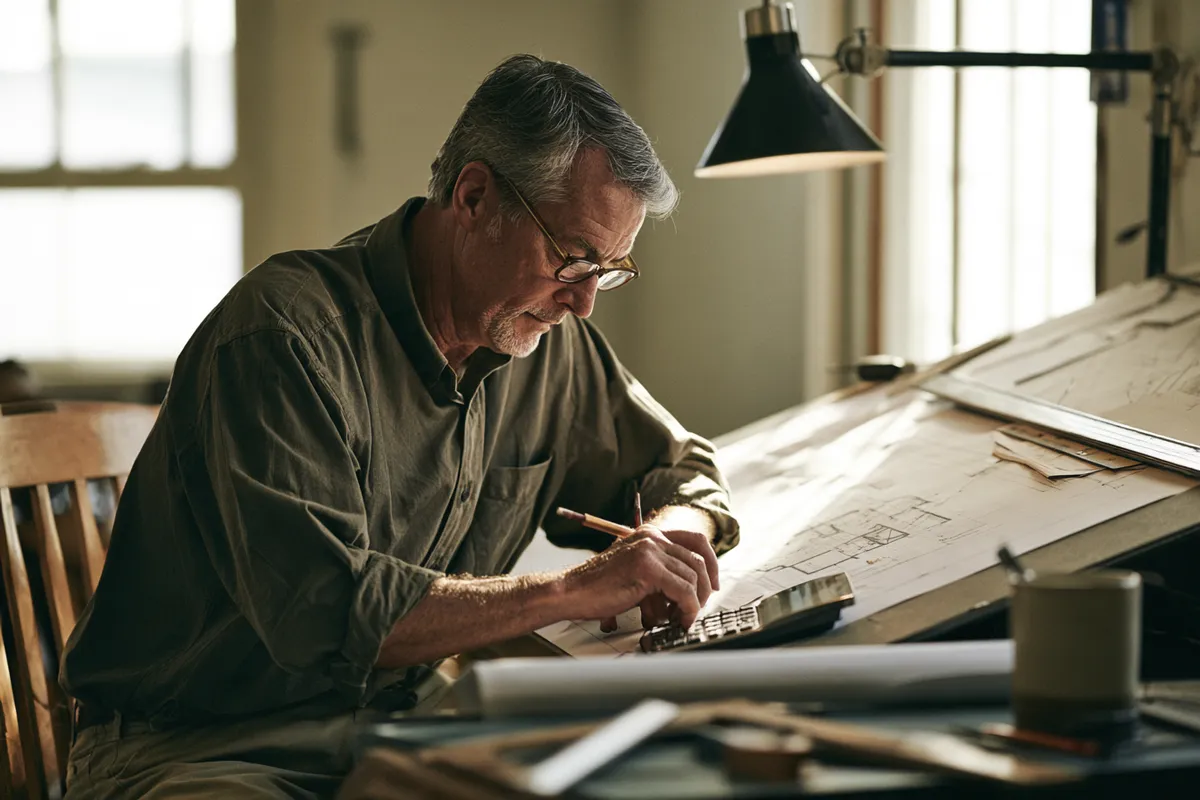 Architect working measurements at a drafting table — modeling before committing